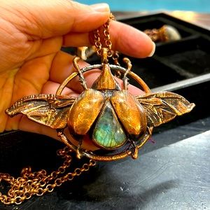 Brilliant Statement Piece. Labradorite and Copper Plated Real Beetle.